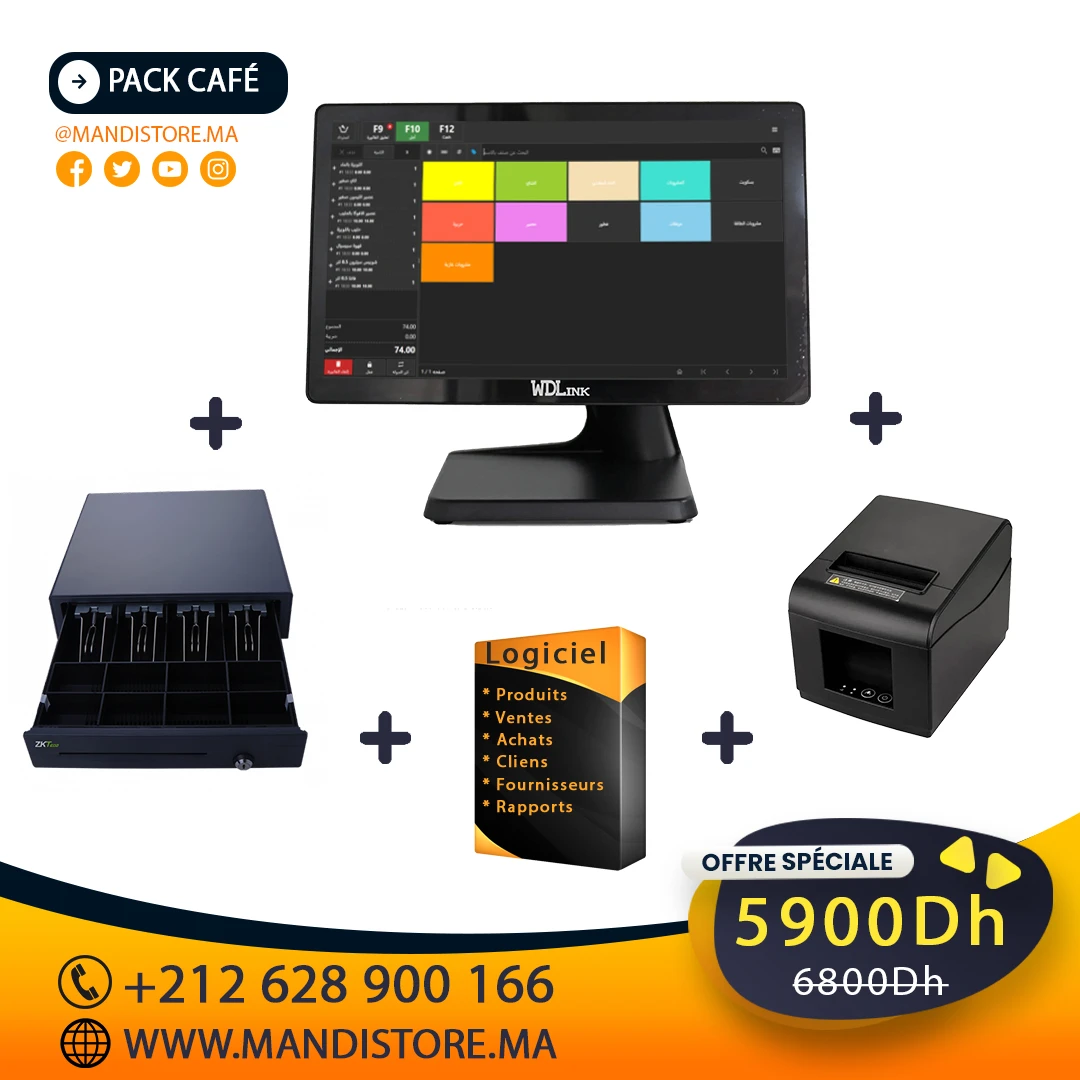 Pack Café Complet – Terminal Tactile 15.6" Core i3, Imprimante Thermique, Tiroir Caisse & Logiciel de Caisse – Wdlink