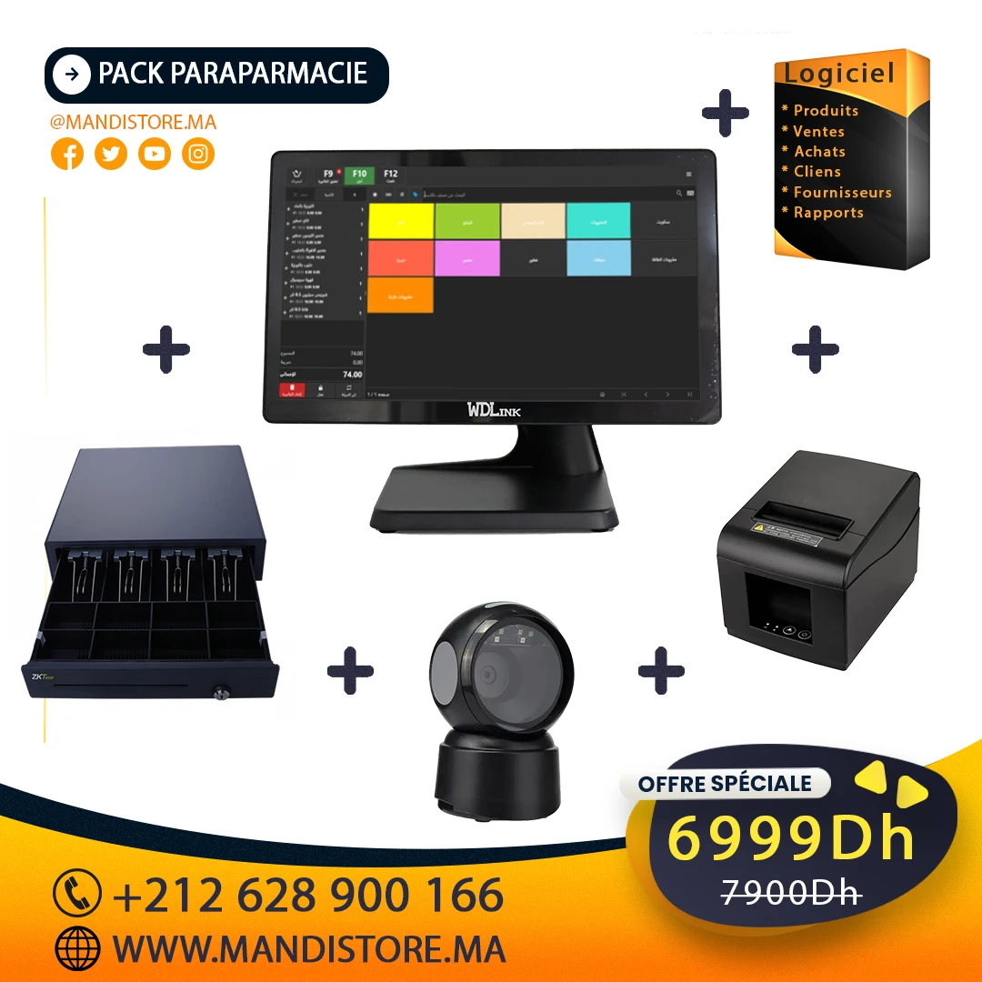 Pack Caisse Complet Parapharmacie - Terminal Tactile, Imprimante, Lecteur Code-Barres - Wdlink