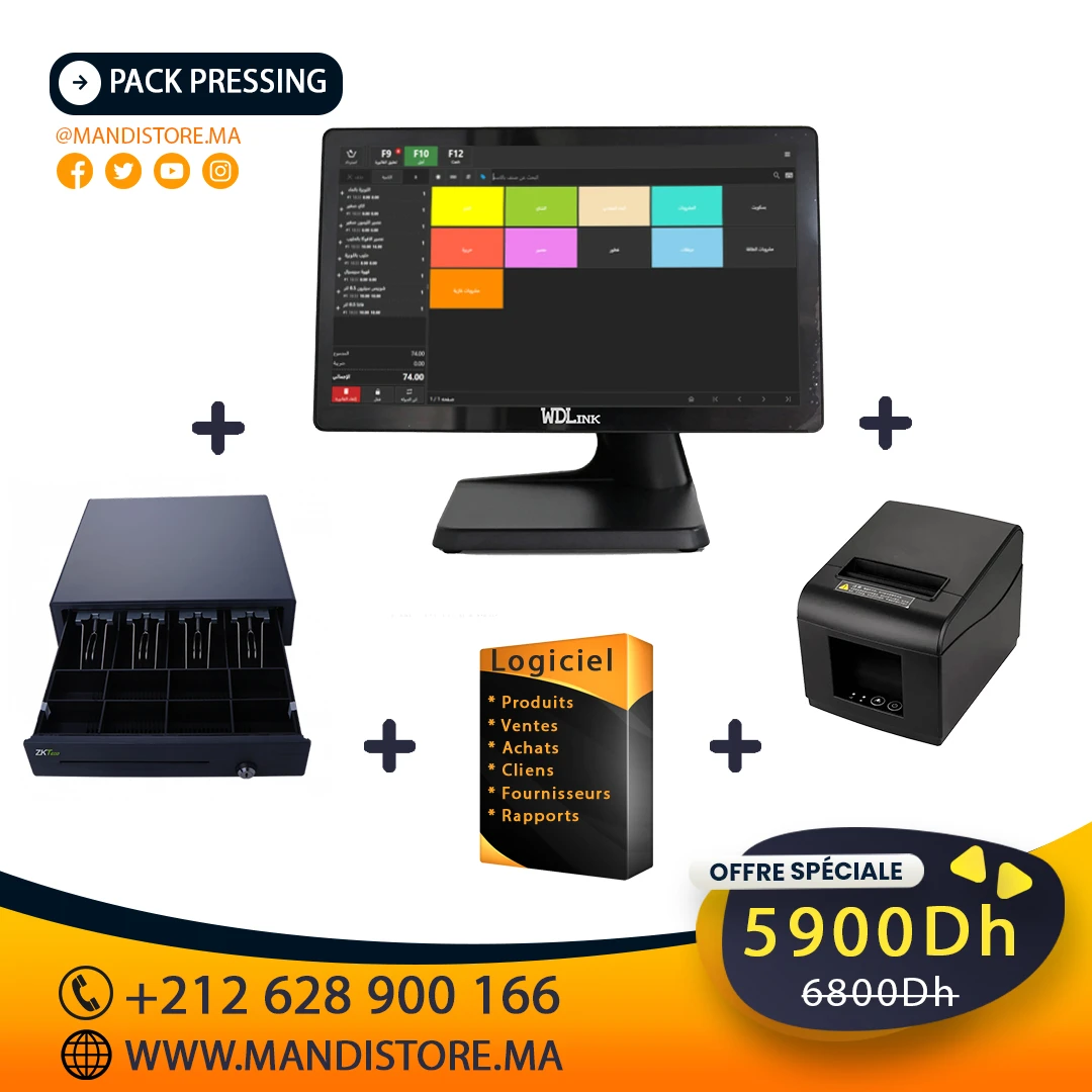 Pack Pressing Complet - Terminal Tactile 15.6" + Imprimante Thermique + Tiroir Caisse - Wdlink